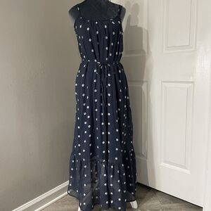 Old Navy Occasion Waist‑Defined Chiffon Maxi Dress Navy Polka Dots Size Small